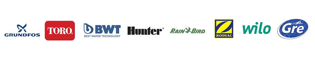 Logotipos de las marcas Grundfos, Toro, BWT, Hunter, Rain Bird, Zodiac, Wilo y Gre